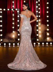 Glamrae Elegant Luxurious Off Shoulder 3D Sculptural Design Slit Fishtail Dress,Heavy-Duty Sequin Gown For Weddings,Galas,Parties & Formal Occasions - Silver - View 4