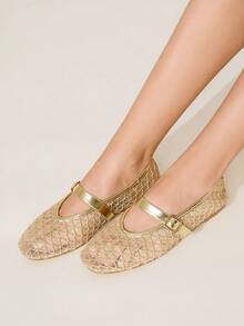 CUCCOO CHICEST 女士网眼圆头平底优雅休闲棕色网眼玛丽珍平底鞋，适合喝茶、约会、休闲装、校园风格、舞会 - 金色 - 查看 5