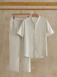 HIMLAND 2 件男士休闲 V 领短袖梭织衬衫和裤子亚麻套装，夏季、复古、舒适服装 - 杏色 - 查看 5