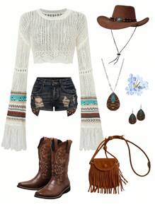 LanaWest Women Striped Round Neck Drop Shoulder Long Sleeve Hollow-Out Crop Sweater Knit Pullover Fall Winter