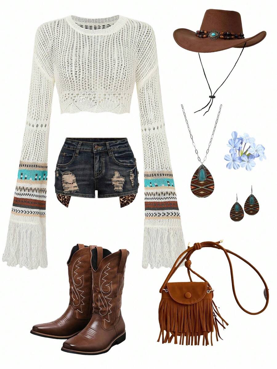 LanaWest Women Striped Round Neck Drop Shoulder Long Sleeve Hollow-Out Crop Sweater Knit Pullover Fall Winter