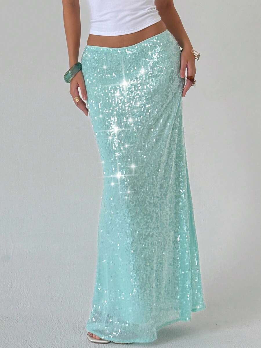 Aloruh New Y2K Style Glitter Long Skirt, Sexy Sequin Minimalist Fashion Streetwear Party Music Festival Vacation Low Waist Bodycon Skirt Wedding - Blue - View 1