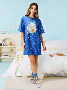 LE PETIT PRINCE X SHEIN 女式字母与卡通图案圆领短袖睡裙