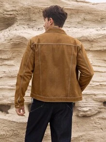 Manfinity Homme 男士棕色休闲牛仔夹克，撞色缝线，春夏秋季款 - 棕色 - 查看 2