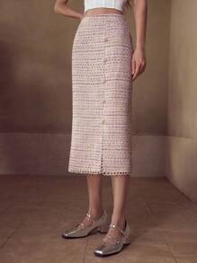 MOTF PREMIUM 粗花呢面料仿珍珠链条开衩优雅休闲日常女裙 - 紫色 - 查看 4