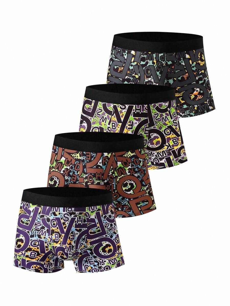 4pcs/Set Men's Leopard Print & Letter Graphic Boxer Briefs Multipack Trunk - Multicolor - View 1