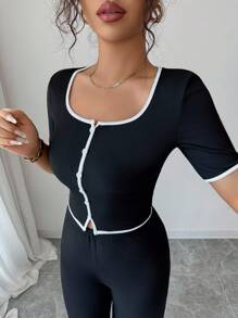 Elenzga 2pcs Women Casual Short Sleeve Top And Pants Set - Black and White - View 3