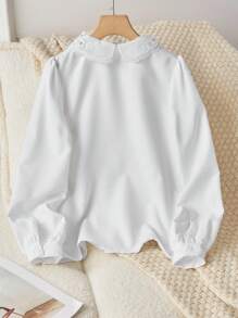 Áo sơ mi trơn màu đơn giản, ve áo đơn hàng khuy thông thường dành cho bé gái tuổi mới lớn - trắng - Xem 3