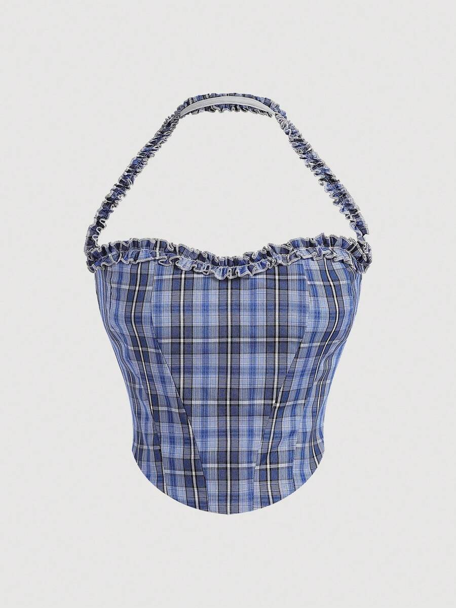 Chiquease Regata Ajustada Casual Versátil com Babado Xadrez Retrô, Estilo Universitário - Multicolorido - Visão 1