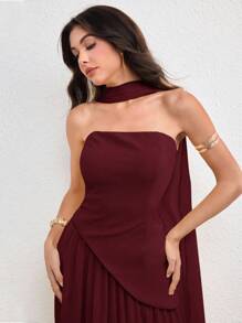 NOVVYNE 女式不对称荷叶边下摆露背连衣裙，优雅魅力，浅黄色，春夏 - 酒紅色 - 查看 5