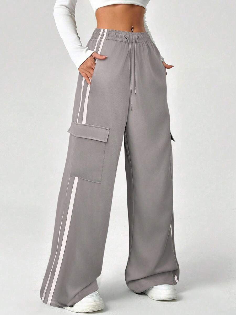 SHEIN EZwear 女式休闲灰色抽绳腰带条纹侧袋裤 - 灰色 - 查看 1