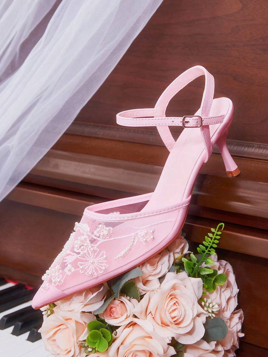 CUCCOO HITCHD 女士优雅浪漫性感粉色网眼花卉刺绣串珠尖头小猫跟高跟鞋，适合正式场合、婚礼、派对、下午茶约会