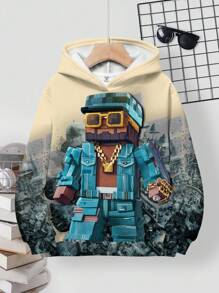 SHEIN 青少年男孩休闲宽松舒适时尚酷炫像素风长袖卫衣，印有金色项链从废墟中走出的男孩图案，男童服装，返校季服装，秋冬季 - 彩色 - 查看 2