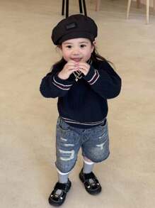 DAZY Áo len dài tay cổ chữ V phối màu cho bé gái, thích hợp mặc mùa thu đông. - Màu xanh lam - Xem 4