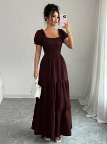 Elenzga 女士优雅长裙，独特领口，多层拼接，荷叶边，修身设计/垂坠/分层/假日装扮/波西米亚风/浪漫花卉/度假休闲