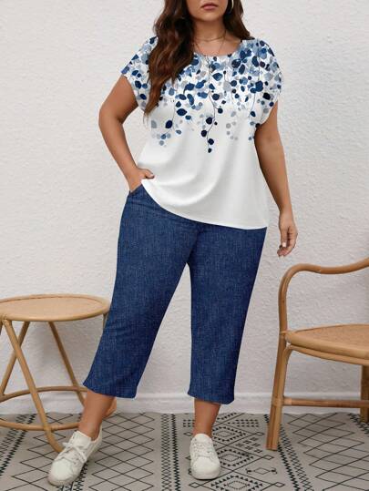 EMERY ROSE Set de 2 piezas con Camiseta de manga corta y pantalones con estampados florales y de corazón y murciélago para mujeres de talla grande, estilo casual minimalista, regalo del día de la madre