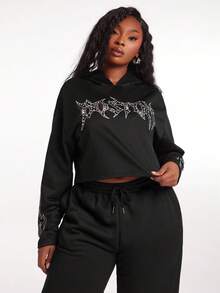 SHEIN SXY Sudadera con capucha con aplicaciones de rhinestones para mujer de talla grande en otoño e invierno