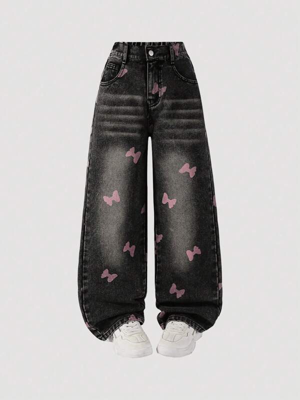 Lunivi Meisjes in Y2K-stijl, vintage gewassen grijze denim, roze vlinderprint, eenvoudige rechte, losse pasvorm, zachte en comfortabele stof, casual, modieuze jeans voor meisjes in Y2K-stijl