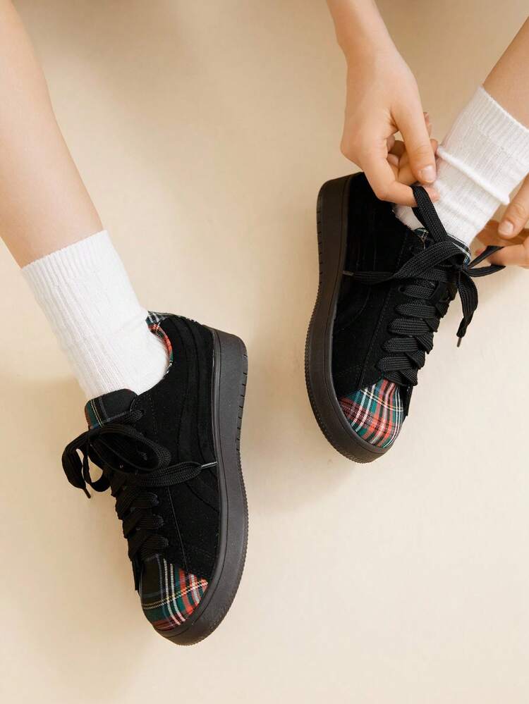 CUCCOO EASI Women's Plaid Splice Casual Versatile Sneakers