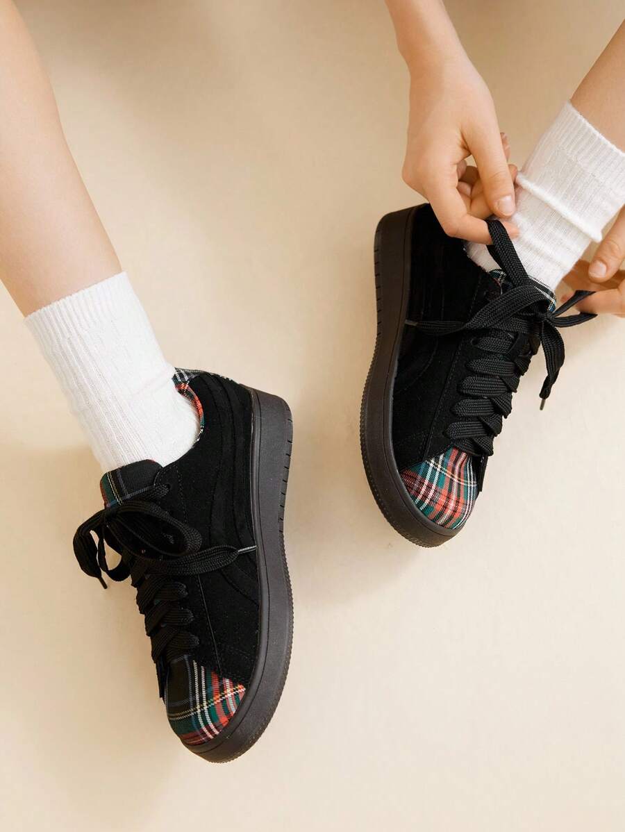 CUCCOO EASI 女士格纹拼接休闲百搭运动鞋