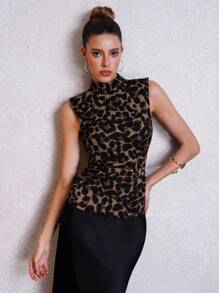 Lavishia Leopard Print Mock Neck Bodycon Tank Top For Women