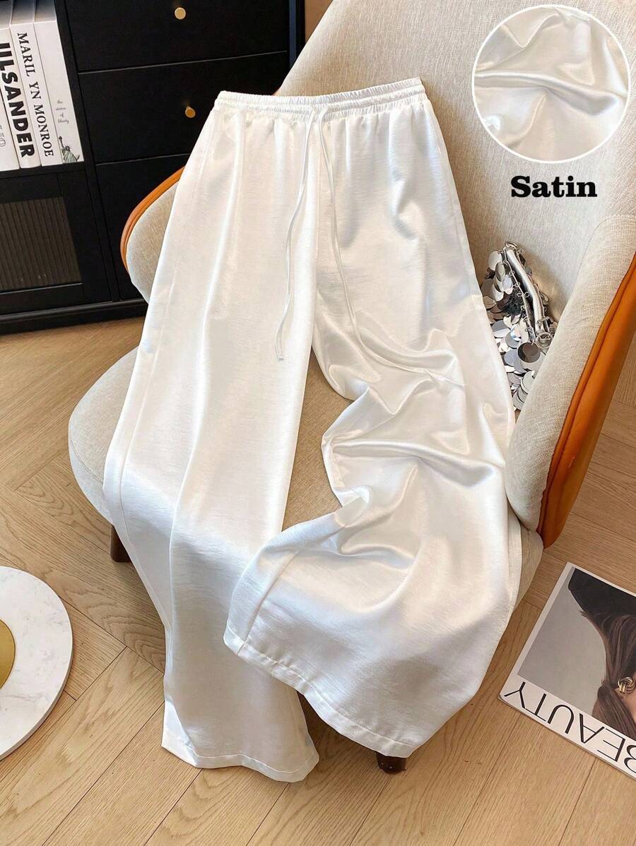 Franclia 优雅休闲直筒亮面编织腰系带女式白色裤子，春夏 - 白色 - 查看 1