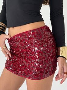 Aloruh 女士低腰亮片紧身迷你裙，适合派对和音乐节 - 酒紅色 - 查看 7