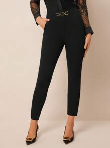 Amorya Pantalones pitillo de cintura alta con detalle de hebilla metálica para mujer - Negro - Ver 5