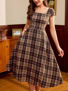 Vintamour Vintage Classic Elegant Women's Dress, Fitted Plaid Dress With Pockets, Square Collar Dress, Flared Hem Midi Dress, Suitable For Summer & Autumn,Elegant Dresses For Women - Coffee Brown - View 1