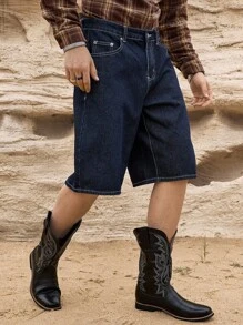 Manfinity Homme 夏季美式宽松嘻哈风刺绣牛仔短裤 - 藍色 - 查看 2