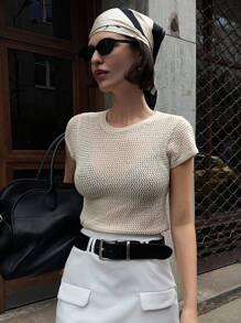 DAZY Blusa de punto de manga corta y unicolor casual para mujer, verano