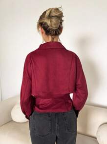 SHEIN ICON Damen Lässig einfarbige Wildlederjacke mit Gürtel, Herbst Winter Kleidung für Frauen - Bordeaux - Übersicht 2