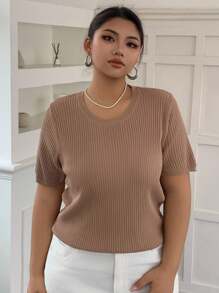 Dazy Plus Suéter holgado de punto de manga corta con cuello redondo y unicolor para mujer de talla grande - Caqui - Ver 4