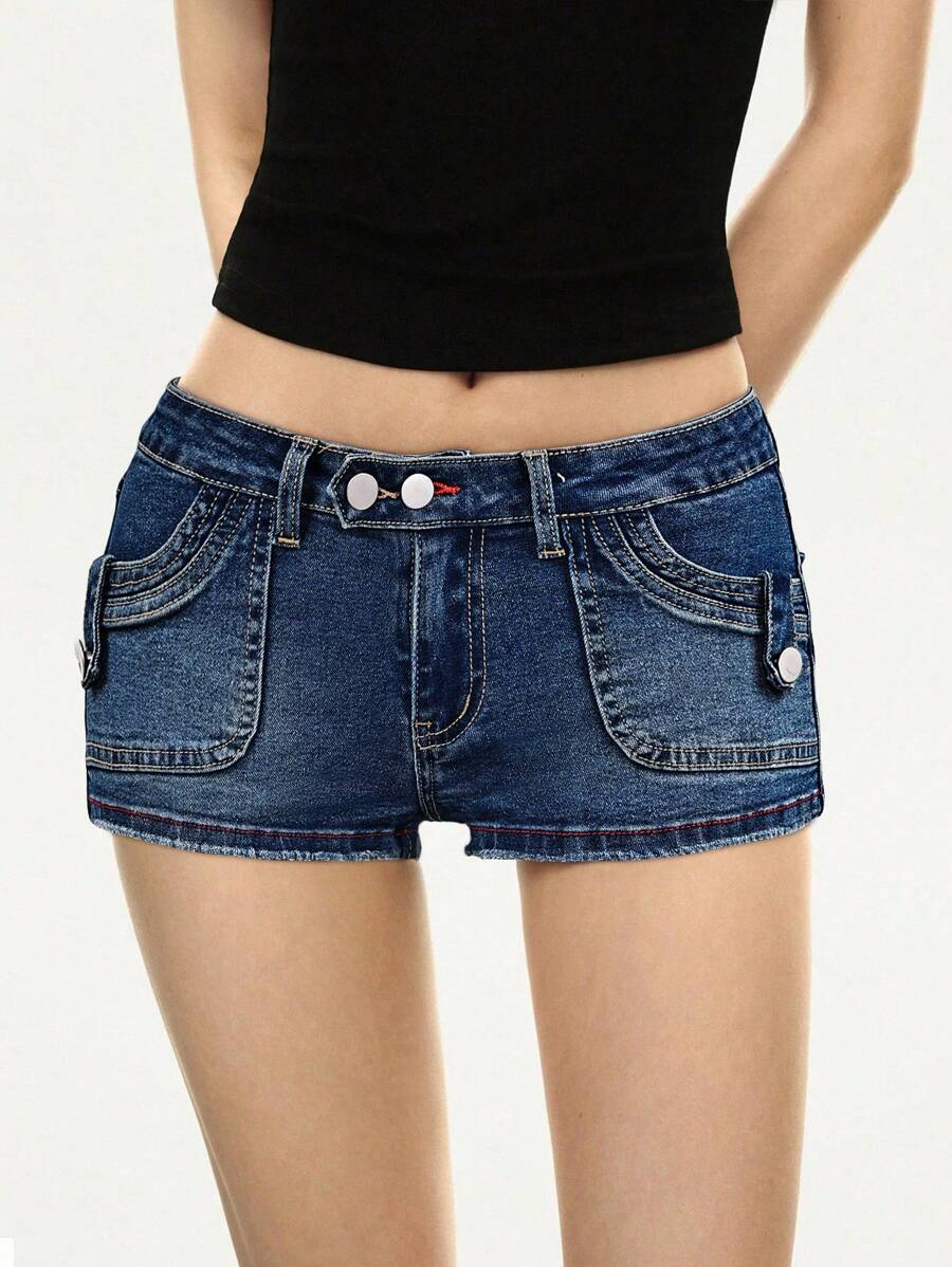 Rina Fox Quần short denim túi hai nút thường ngày dành cho nữ - Rửa tối - Xem 1