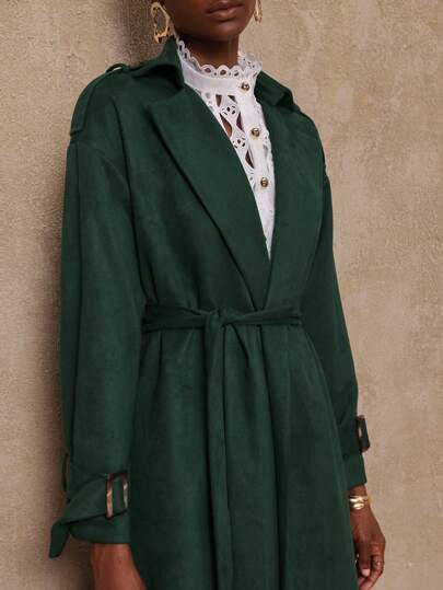 SHEIN Privé VITNOS Autumn/Winter New High-End Vintage Elegant Dark Green Velvet Casual Versatile Long Sleeve Cinched Waist Women Long Trench Coat, Women's Fall, Suitable For Concerts, Dates, Weddings, Parties, Birthdays, Street Style