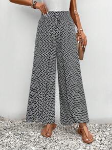 SHEIN PETITE CURVE Plus Size Women Geometric Print Tie Waist Wide Leg Loose Pants - Black - View 4