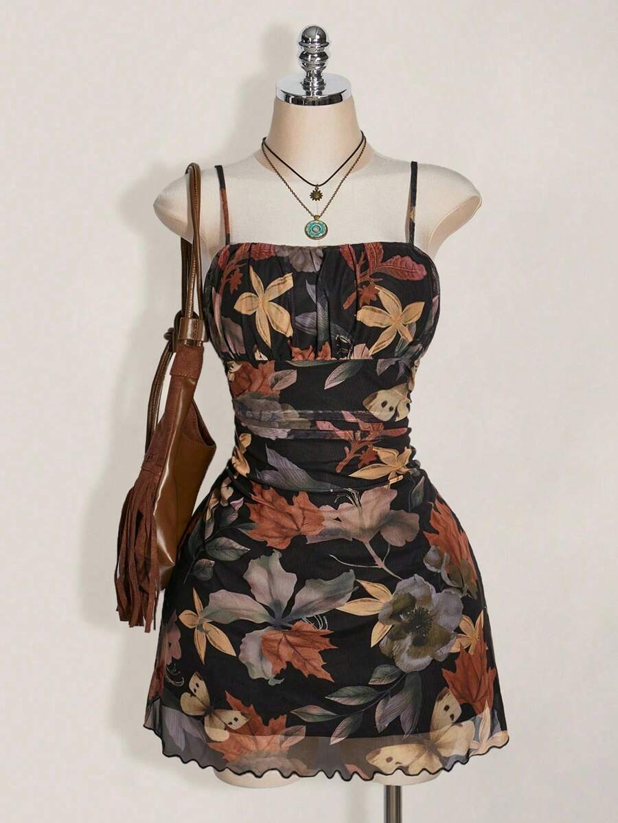 SHEIN ICON Vestido de tamaño talla grande grande para mujer con estampado vintage de hojas de arce con volantes, apto para vacaciones o vuelta al colegio, adecuado para verano