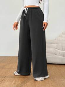 Solflare 大码女式纯色抽绳腰口袋阔腿休闲裤，秋冬 - 黑色 - 查看 5