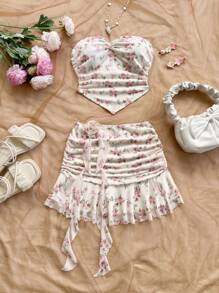 Soleia 两件套粉色碎花 3D 花朵吊带背心和迷你裙，适合约会、海滩、度假、浪漫少女风格