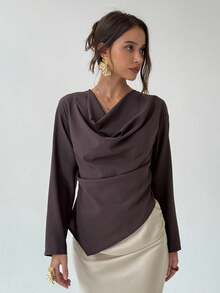 Aloruh 女士优雅纯色不对称下摆衬衫，适合秋季穿着，适合所有女性，秋季女装，秋季教师装，教师衬衫，商务休闲女装，商务休闲女装，商务休闲女装，办公室通勤，棕色衬衫，修身气质，不对称下摆，秋季上衣，优雅女式衬衫，时尚女式衬衫，棕色衬衫 - 咖啡棕 - 查看 8