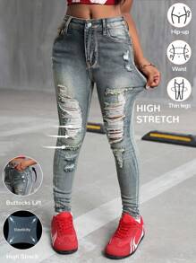 适合青少年女孩的破洞牛仔紧身牛仔裤 复古蓝色 - 中等水洗藍 - 查看 2