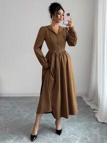 Elenzga 女士棕色厚面料 V 领纽扣设计腰部收紧 A 字秋季中长连衣裙，优雅精致，适合教师装、约会、街头、旅行、感恩节、万圣节派对、秋冬 - 棕色 - 查看 4