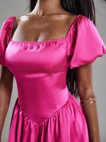 NYA SZN Dress Off The Shoulder Puff Sleeve Satin Bright Pink Mini Bridal Bridesmaid Special Occasion Sundresses Summer Spring Statement Valentines Day Carnival Outfits For Women