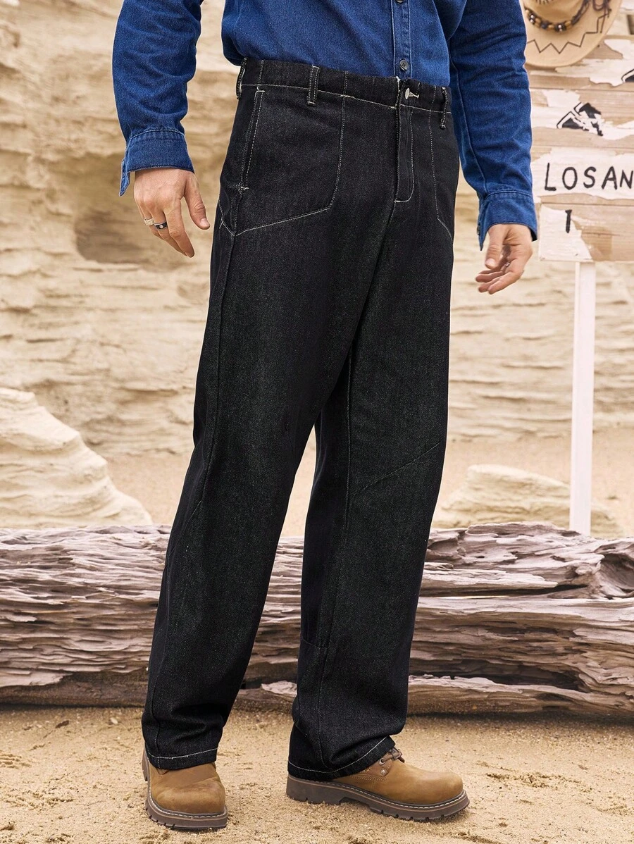 Manfinity Homme Men's Casual Loose Straight Leg Jeans With Unique Design, Mature Spring/Summer Style - Blue - View 1