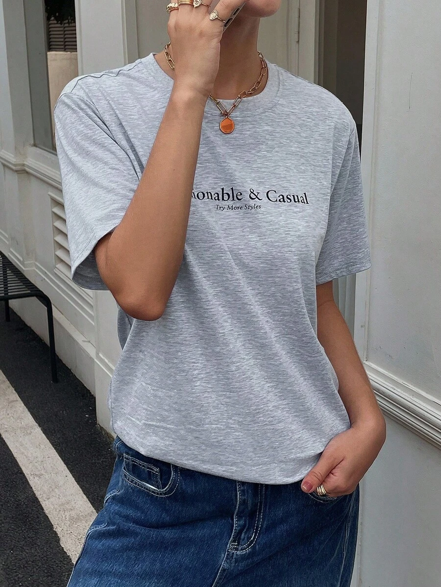 DAZY Camiseta gris holgada y casual con estampado de letras para mujer - Gris - Ver 1