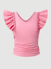 Blusa tejida elegante de cuello en V rosa con mangas con volantes, lazo en la espalda, blusa ajustada corta, versátil y práctica, se puede combinar con faldas, pantalones acampanados, pantalones de pierna ancha, pantalones pitillo, shorts para adolescentes - Rosa - Ver 3