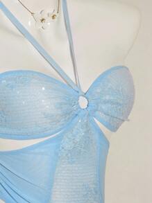 SHEIN ICON Women's Blue Lace, Sequin & Mesh Splice Front Circular Ring Tie Ruched Hollow Slim Sexy Camisole For Summer - Blue - View 9