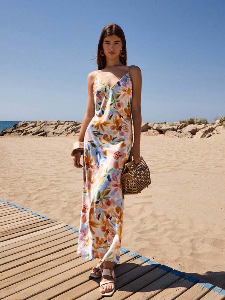 SHEIN Maija Women's Floral Print Sleeveless Casual Dress, Summer New Arrival, Ladies Beach Dress, Club Fashion Outfit, Holiday Essential, Elegant Floral Women's Dress, Suitable For Various Occasions  Women Easter Summer Outfits Easter Dress Women Party Top Beach Dress Summer Holiday Outfits Each Vacation Outfits For Women Elegant Women's Blouses Casual Blouse For Women Formal Attire For Women Office Wear Women Business