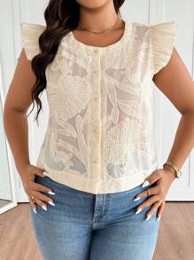 SHEIN Frenchy 大码女式提花圆领盖袖单排扣时尚衬衫 - 杏色 - 查看 2