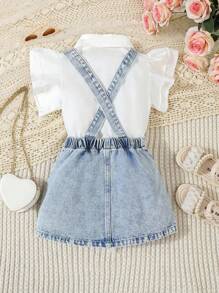 Young Girls 2 Pieces Set: Fashionable Playful White Cap Sleeve Blouse And Figure-Flattering Washed Denim Pinafore Skirt, Casual Everyday Wear, Spring/Autumn, Suitable For Little Girls Summer Outfits For Girls Clothes Set Girls Clothes Classic, School, Campus, College